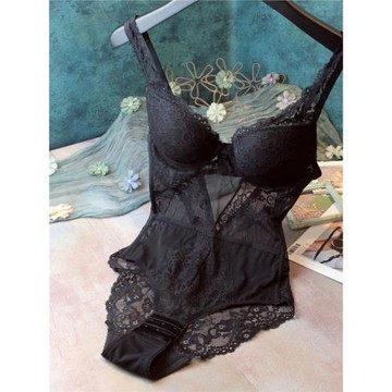 性感連體內衣女法式蕾絲鏤空聚攏吊帶文胸塑身小胸修身衣帶胸罩夏