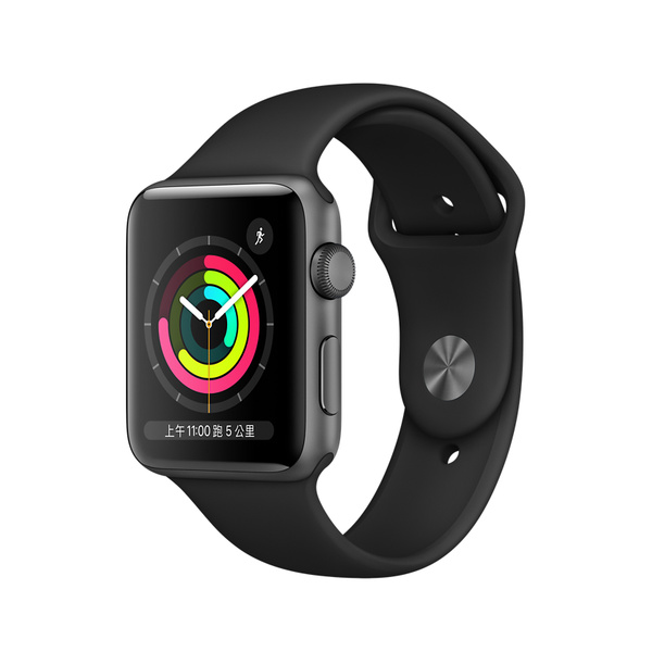 Apple Watch Series 3 GPS，42 公釐太空灰色鋁金屬錶殼搭配黑色運動型