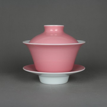 手工瓷器茶具蓋碗粉紅釉蓋杯三才茶碗 古玩古董仿古陶瓷器收藏品