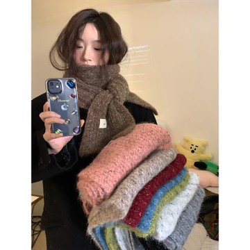 含羊毛圍巾女冬季高級感百搭可愛藍色毛線圍脖護頸保暖韓版學生潮