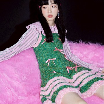 粉綠針織鏤空薄款春款秋款粉條紋蝴蝶結連衣裙