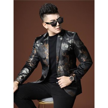 歐貨潮流男裝商務休閑西服外套男士秋季新款植物花卉高端西裝上衣