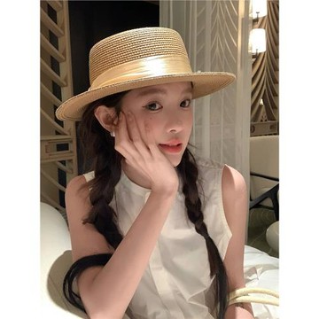 『高品質』時尚法式禮帽草編平頂草帽女海邊度假日系百搭遮陽帽子