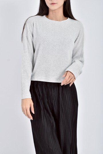 加購優惠(L) h m質感修身短版針織素面灰色長袖上衣