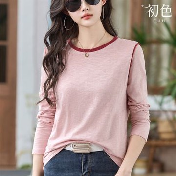 初色 寬鬆修身顯瘦圓領拼接長袖T恤上衣女上衣-共3色-38267(M-3XL可選)