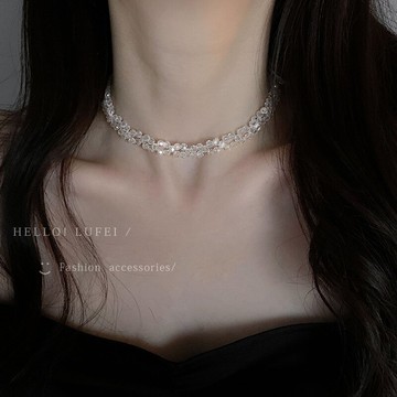 珍珠絲帶項鏈女ins嘻哈超仙氣鎖骨鏈輕奢小眾設計感飄帶頸鏈飾品