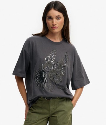 Superdry Women's Tattoo Embellished Oversized T-shirt Dark Grey Size: 10