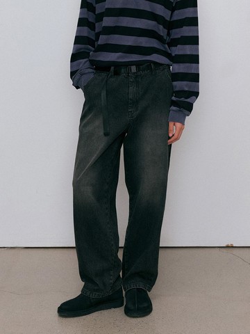 Belted corduroy denim pants (black)