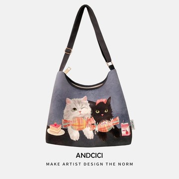 貓貓單肩包  貓貓下午茶 設計師原創 拉鏈斜挎包大容量手提單肩包書包 最低價 快速出貨