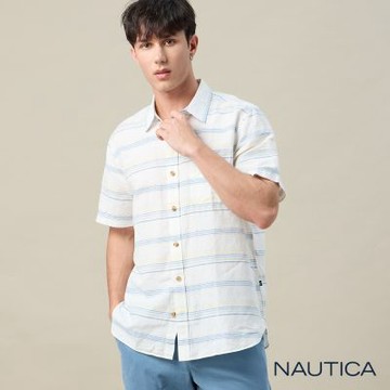 Nautica 官方旗艦 男裝 多色橫條紋短袖襯衫-白色