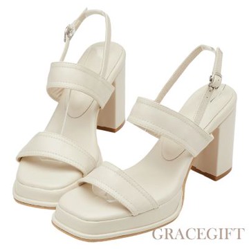 【Grace Gift】摩登女主車線雙帶柔感防水台高跟涼鞋 米白