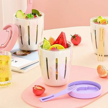 便攜式 瀝水 雙層水果杯 1入 沙拉杯 水果杯 保鮮杯 沙拉 輕食 露營 野餐 隨身 早餐【三哥嚴選】DS026814