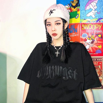 HIPA單品店 美式刺繡短袖女寬松國潮百搭2022夏季新款黑色T恤上衣