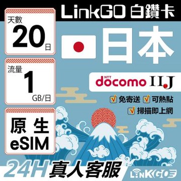 LINKGO白鑽卡 日本原生 eSIM卡 20天上網卡 每日1GB 高速流量(日本網卡 沖繩 大阪 北海道 東京)
