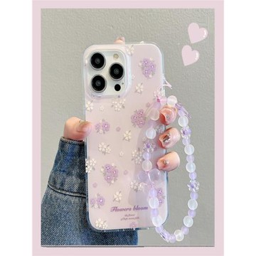 小清新淡紫花朵適用蘋果14手機殼iphone15promax復古小碎花13韓風新款12網紅超火爆款16高級感雙層14Pro鏈條