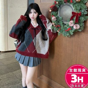 【梨卡】隔日到貨 女裝 紅色 新年 聖誕 毛衣 上衣 蝴蝶結設計 寬鬆V領 復古上衣 保暖毛衣 蕾絲拼接 菱格毛衣DR733【現貨24H】