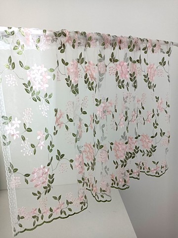 透明紗窗 粉色網紗繡花窗簾門簾