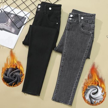 大碼女裝牛仔褲2025年秋冬新款高腰彈力緊身小腳長褲加絨保暖褲潮