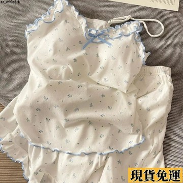 🚛限時低价🚛 甜美碎花吊帶睡衣夏天女 新款韓係少女帶胸墊蝴蝶結家居服兩件套