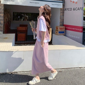 粉色休閒運動套裝裙女夏韓版新款寬鬆假兩件t卹半身裙兩件套