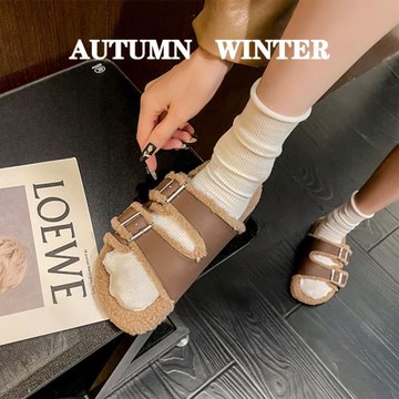 網紅小香風毛毛拖鞋女冬外穿2023新款冬季加絨鞋子黑色厚底一字拖