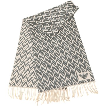 Emporio Armani 老鷹標誌鋸齒印花深灰流蘇純羊毛披肩 圍巾