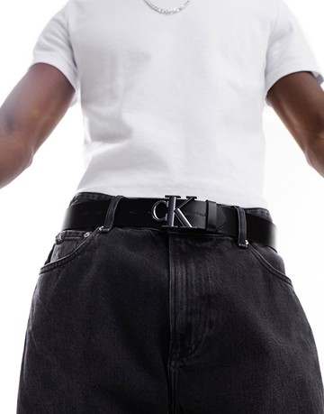 Calvin Klein Jeans monogram logo round plaque leather belt in black