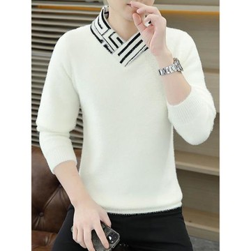 冬季水貂絨V領毛衣男士加絨加厚打底衫發型師假兩件針織絨毛衫潮