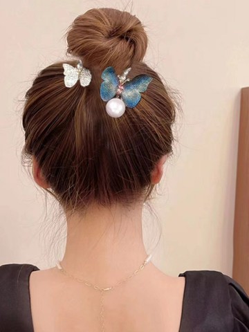 古風蝴蝶珍珠發夾女高級感后腦勺盤發神器超仙氣質丸子頭精致發卡