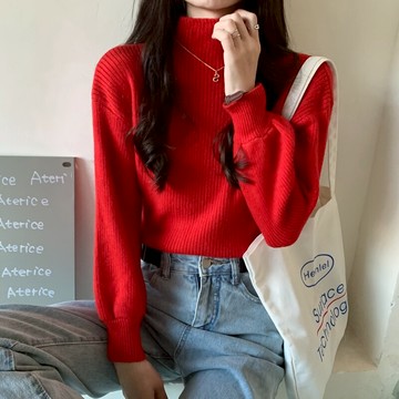半高領紅色長袖毛衣慵懶外穿秋冬配大衣的內搭上衣打底立領針織衫