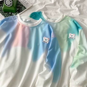 扎染小熊衛衣女春秋新款日系bf慵懶風寬松長袖扎染t恤上衣服ins潮