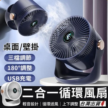（爆款熱賣）（國際精品）【免運】《現貨 二合壹循環扇》壁掛桌扇 180°調節 USB充電 三檔調節 桌面風扇 多功能風扇 小風扇
