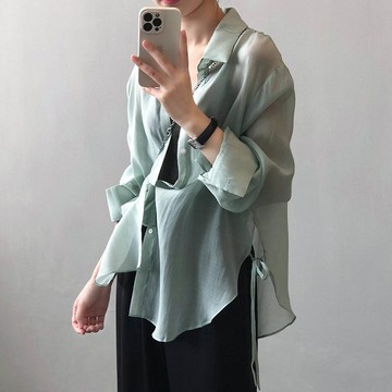 YANSOO - 透膚感薄長袖襯衫-側開衩綁帶-湖綠色