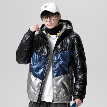 真 羽絨90%白鴨絨 羽絨外套鴨絨夾克-拼色亮面連帽短款男外套3色73zh11【獨家進口】【米蘭精品】