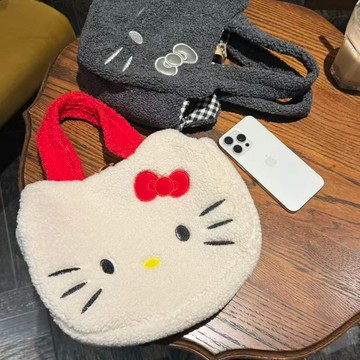 kitty手提包 韓系銀灰色暗黑kitty毛茸手提包可愛手拎包通勤包便攜外出手挽包