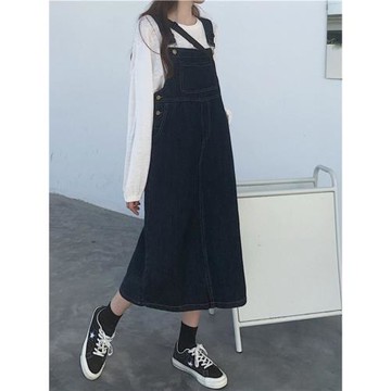 牛仔連衣裙女春秋季小個子寬松休閑氣質深藍色吊帶長裙外穿背帶裙