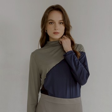 一字領色塊剪接上衣 #W00212