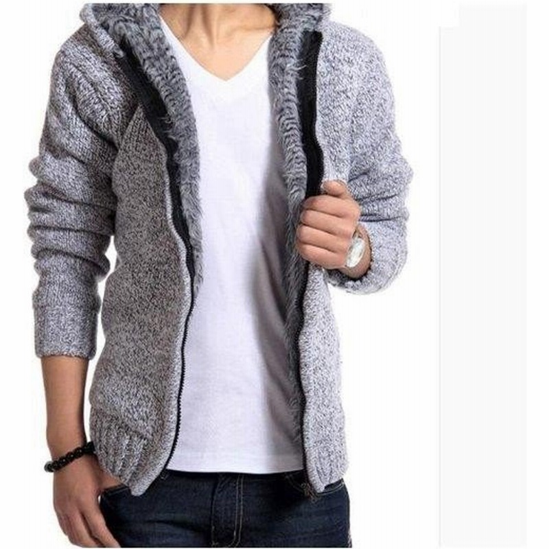 メンズ ジップ ニット カーディガン パーカー フード 付き カウチン セーター 裏起毛 Mnk443 通販 Lineポイント最大0 5 Get Lineショッピング