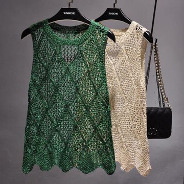 2019夏季新款鏤空針織馬甲女亮片背心夏寬松外搭配裙子套頭上衣女