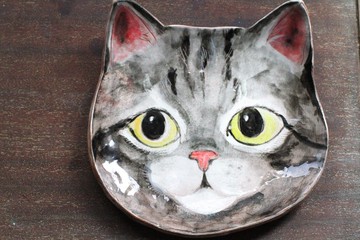 純手捏可愛貓咪陶盤