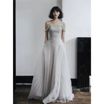 Alice復古灰色《童話》敬酒服新娘高端吊帶釘珠年會宴會晚禮服女