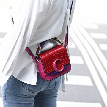 CHLOE 新款 金屬C Mini鱷魚紋手提單肩方包.紅/紫