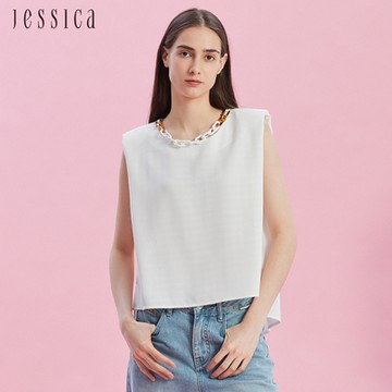 JESSICA - 時尚前短後長鏈條圓領背心J43301（白）
