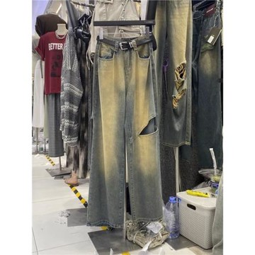 2024夏季新款復古水洗牛仔褲女韓版高腰破洞氣質直筒褲做舊闊腿褲