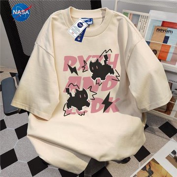 純棉美式復古卡通印花短袖t恤女夏季新款寬松圓領休閑風百搭上衣