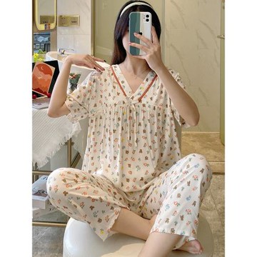 短袖長褲睡衣女夏季純棉稠兩件套2023新款大碼女士春秋綿綢家居服