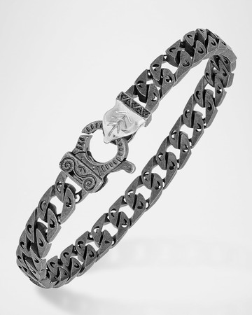 Men's Flaming Tongue Oxidized Sterling Silver Black Diamond Link Bracelet