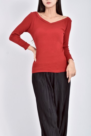 (S) uniqlo棉質V領坑紋紅色長袖上衣