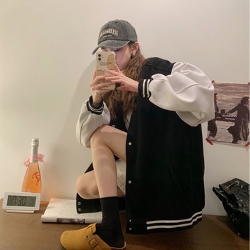 【太妮絲S191】現貨 自訂款 韓系 初秋 棒球外套 黑白色 基本款 美式 復古 學院風