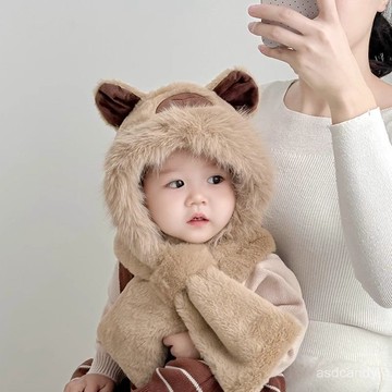 【臺灣-出貨】卡皮巴拉帽子圍巾一體兒童保暖加厚毛絨帽男女寶寶防寒冬款護耳帽